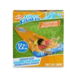 Kids having fun on a blue and orange NERF Super Soaker Blast 12ft water slide.