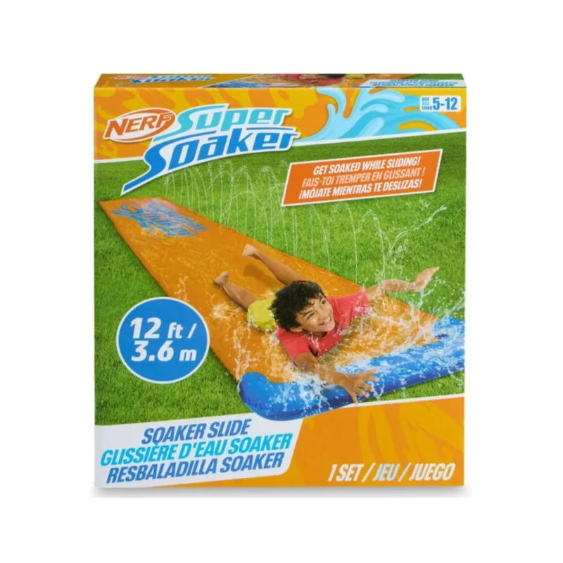 Kids having fun on a blue and orange NERF Super Soaker Blast 12ft water slide.