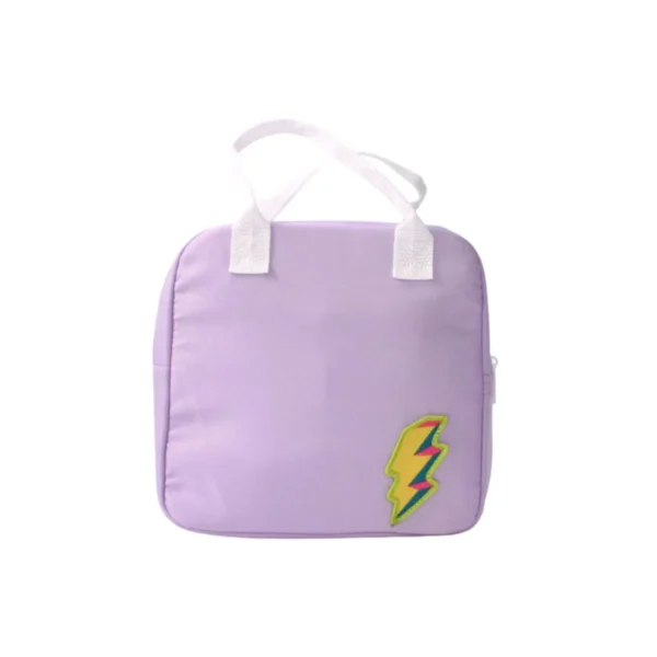 Adorable purple kids lunch bag with yellow lightning bolt design, perfect for school lunches.