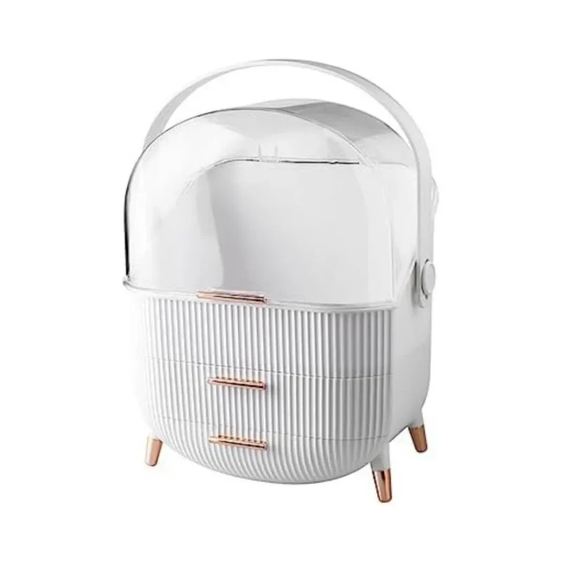 Large white egg-shaped makeup organizer with handle. Perfect for vanity organization.