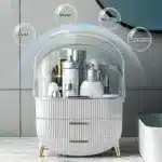 Large white egg-shaped makeup organizer with handle. Perfect for vanity organization.