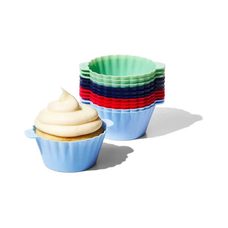 Set of 12 colorful OXO Good Grips silicone baking cups, reusable and non-stick.