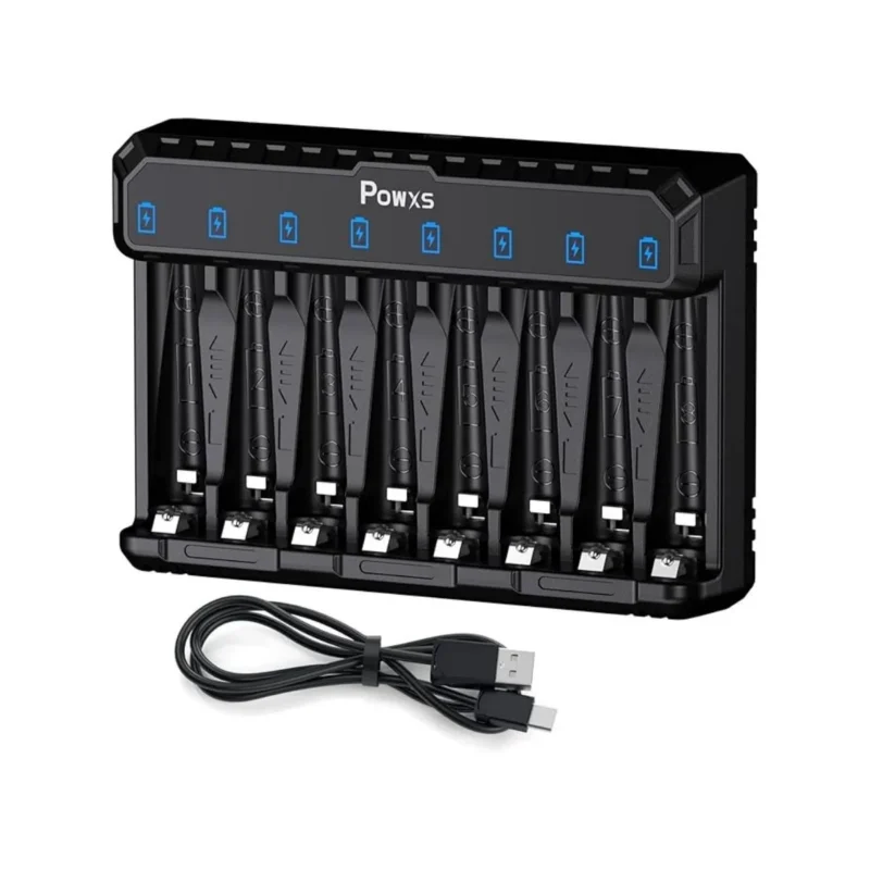 POWXS AA AAA Battery Charger Pro - 8 independent slots, Type-C fast charging. Black.