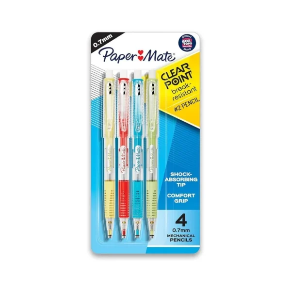 Four Paper Mate Clearpoint 0.7mm mechanical pencils in assorted colors, break-resistant lead, ideal for school, art, and drawing.