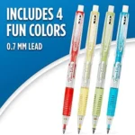Four Paper Mate Clearpoint 0.7mm mechanical pencils in assorted colors, break-resistant lead, ideal for school, art, and drawing.