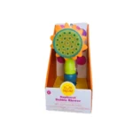 Pink and yellow flower-shaped bubble machine creating hundreds of bubbles. Perfect for outdoor fun!