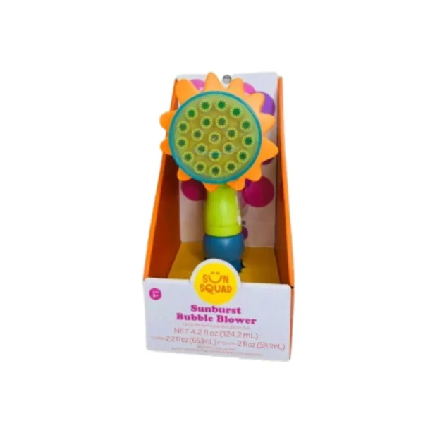 Pink and yellow flower-shaped bubble machine creating hundreds of bubbles. Perfect for outdoor fun!