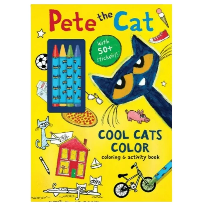 Pete the Cat coloring book with crayons, perfect for kids in Toronto, Oakville, and Mississauga.
