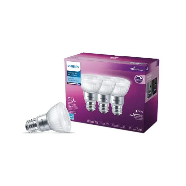 3-pack Philips 50W equivalent LED PAR20 bulbs, daylight 5000K, dimmable, long-lasting.