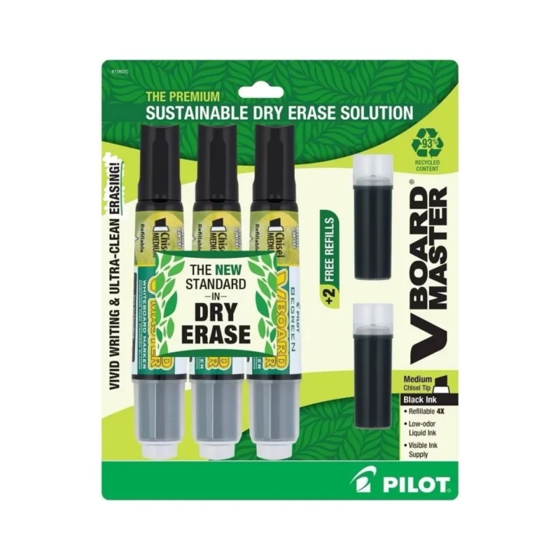 Three Pilot Sustainable Dry Erase Markers in a recyclable package, ready for smooth writing on whiteboards.