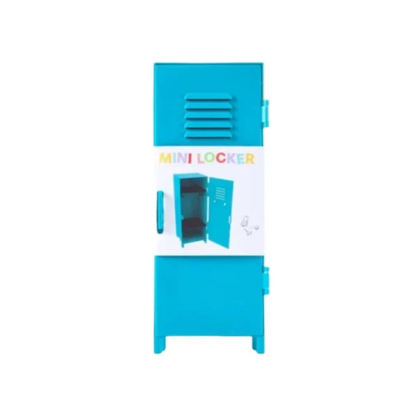 Turquoise blue metal mini locker, perfect for toy or jewelry storage. Includes padlock and keys.