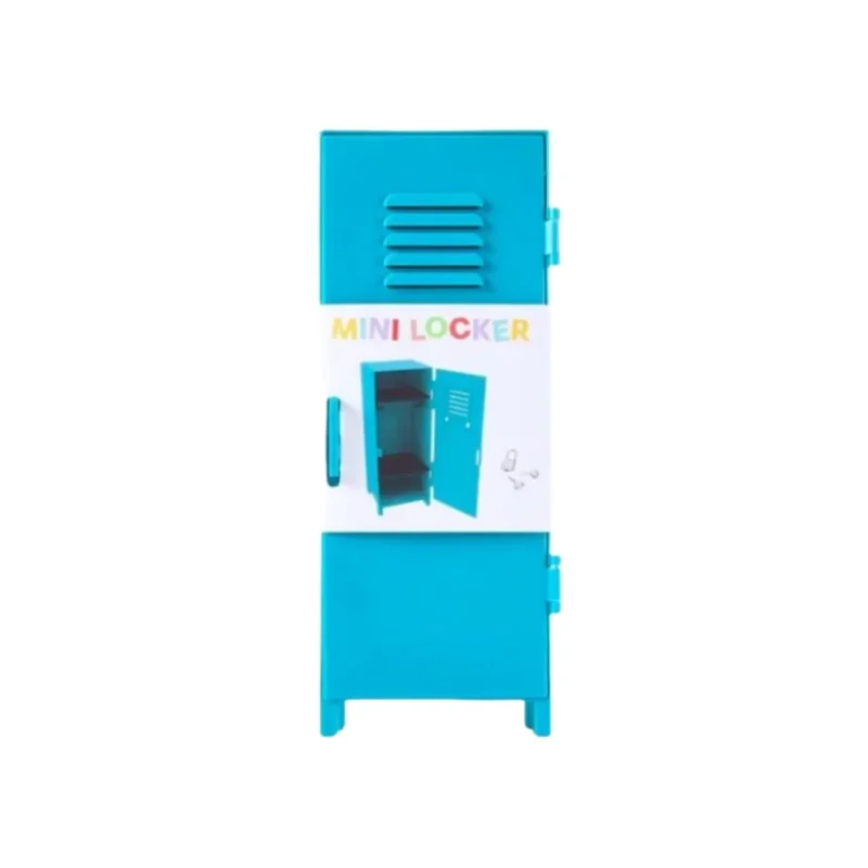 Turquoise blue metal mini locker, perfect for toy or jewelry storage. Includes padlock and keys.