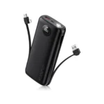 40000mAh portable power bank with built-in cables, black, charges multiple devices simultaneously.