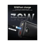 40000mAh portable power bank with built-in cables, black, charges multiple devices simultaneously.