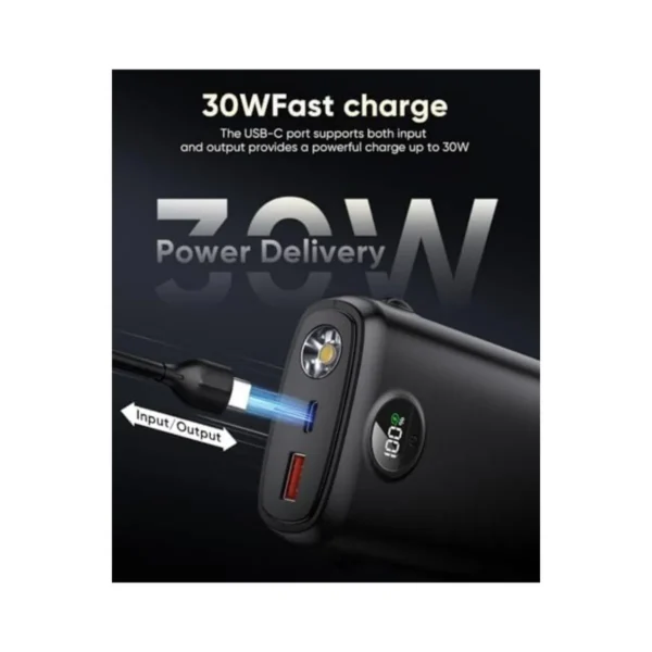 40000mAh portable power bank with built-in cables, black, charges multiple devices simultaneously.