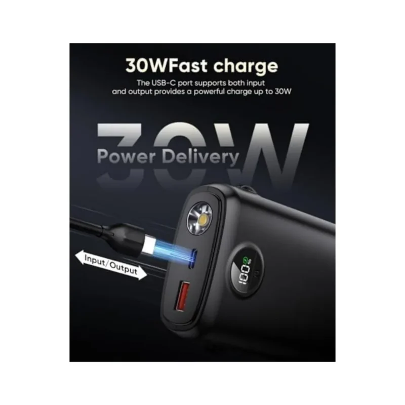 40000mAh portable power bank with built-in cables, black, charges multiple devices simultaneously.