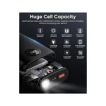 40000mAh portable power bank with built-in cables, black, charges multiple devices simultaneously.