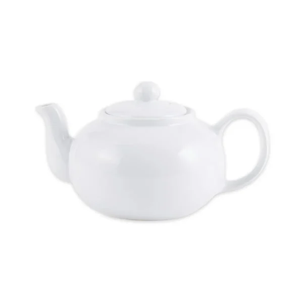Classic white RSVP International 16oz stoneware teapot, microwave & dishwasher safe. Enjoy the perfect cuppa!