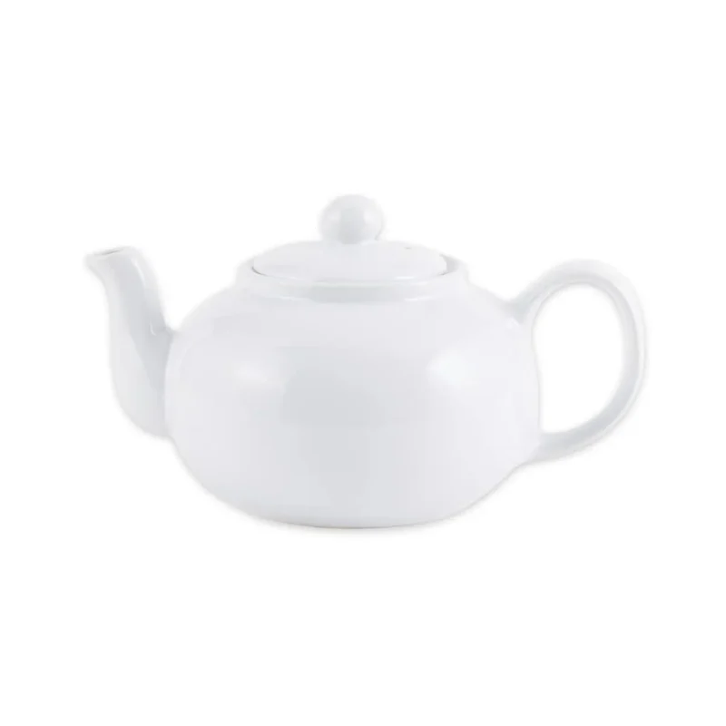 Classic white RSVP International 16oz stoneware teapot, microwave & dishwasher safe. Enjoy the perfect cuppa!