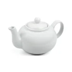 Classic white RSVP International 16oz stoneware teapot, microwave & dishwasher safe. Enjoy the perfect cuppa!