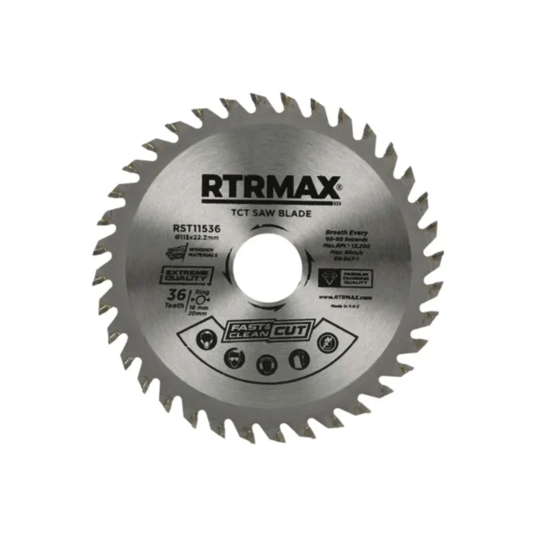 Silver RTRMAX TCT circular saw blade with sharp, clean-cutting tungsten carbide teeth. Anti-kickback design.