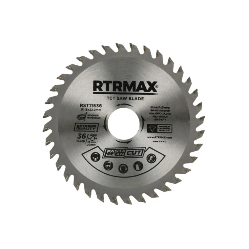 Silver RTRMAX TCT circular saw blade with sharp, clean-cutting tungsten carbide teeth. Anti-kickback design.