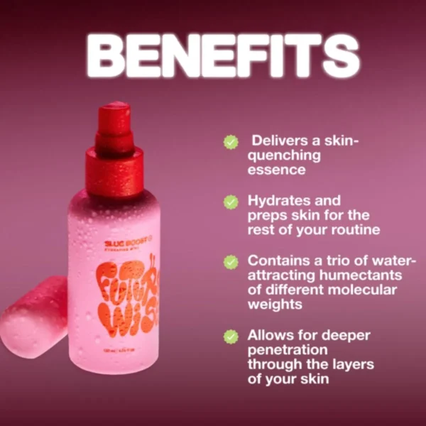 Slug Boost Hydrating Facial Spray: Refreshing face mist with hyaluronic acid, for plump, hydrated skin.