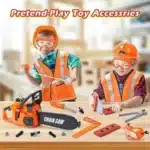 Child happily playing with a safe, realistic-looking electric chainsaw toy outdoors.