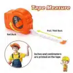 Child happily playing with a safe, realistic-looking electric chainsaw toy outdoors.
