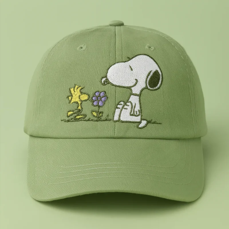 Navy and white Peanuts Snoopy embroidered baseball cap with adjustable strap.