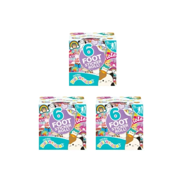 Giant 6ft Squishmallows sticker roll featuring various adorable characters. Perfect for crafting and decorating.
