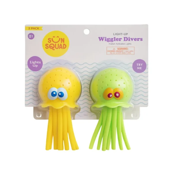 Sun Squad 2-Pack Light Up Squid Wiggler Divers, Green & Yellow, perfect for kids' water fun.