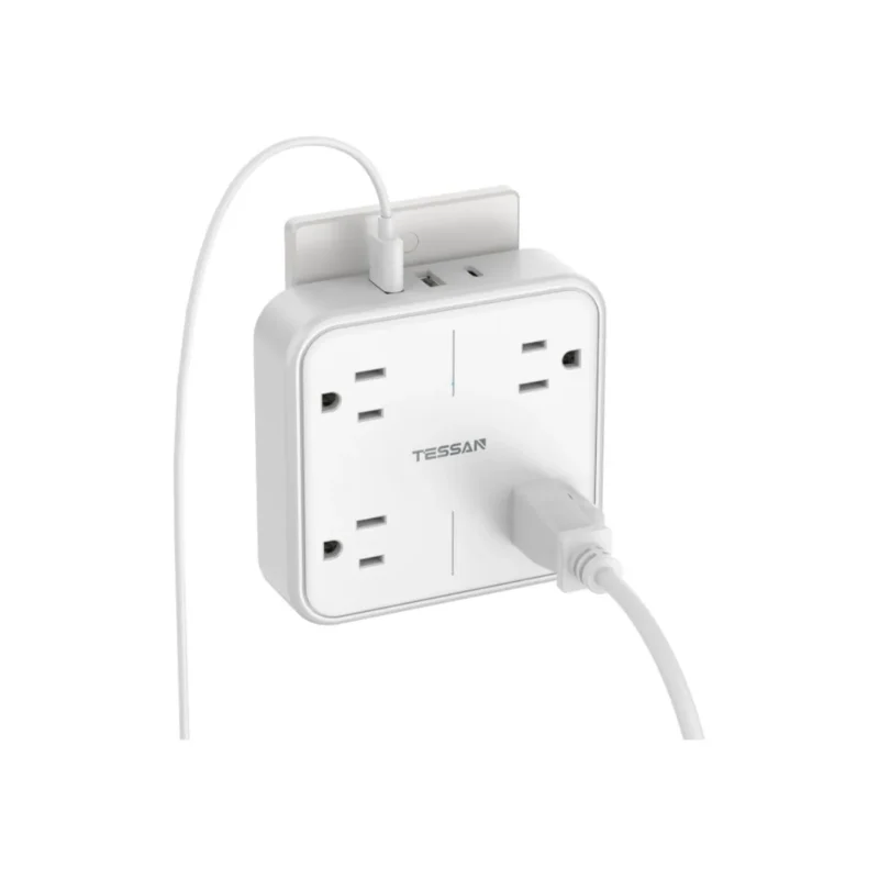 TESSAN 4-Outlet Surge Protector with 3 USB Ports, white, ideal for home office or dorm.