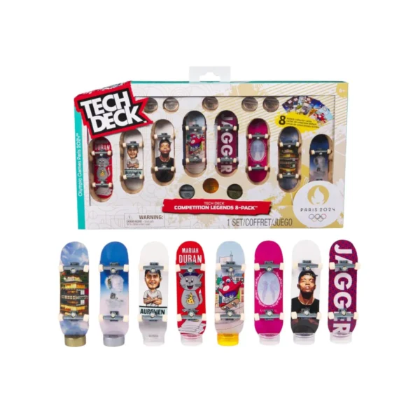 Tech Deck Competition Legends 8-Pack Fingerboards with Olympic Paris 2024 graphics and collectible cards.