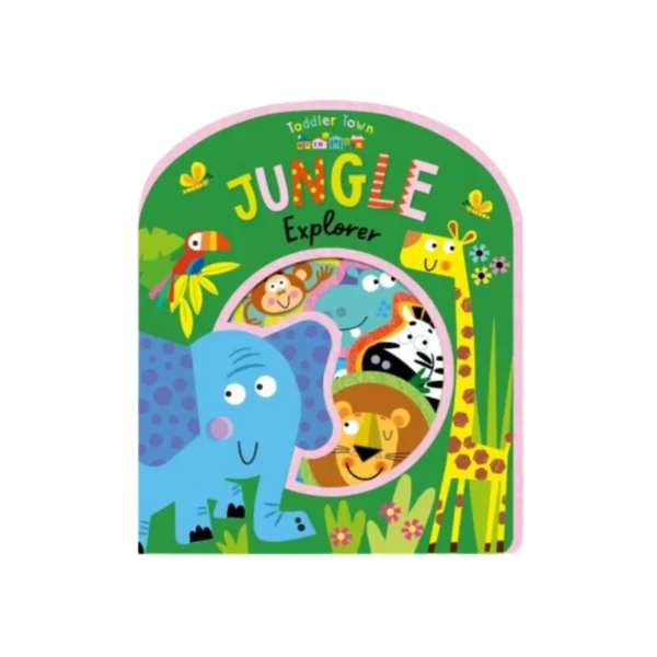 Adorable toddler exploring a vibrant jungle scene in a soft felt book.