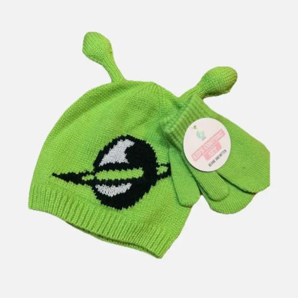Green alien hat and mittens toddler Halloween costume. Soft fleece, perfect for trick-or-treating!