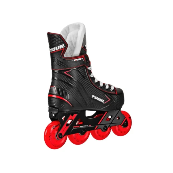 Black/Red Tour Q91 adjustable inline and roller hockey skates, sizes 13-3, providing ankle support and smooth rolling.