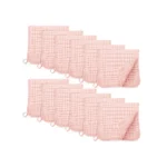 Twelve soft pink Unnivoll muslin burp cloths for baby, large and absorbent.