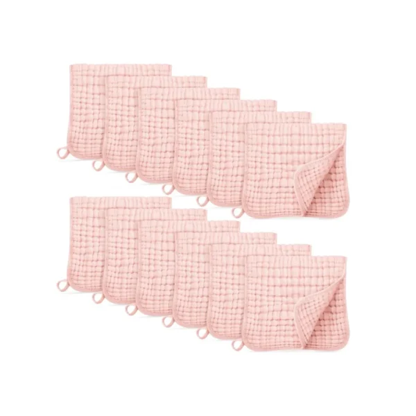 Twelve soft pink Unnivoll muslin burp cloths for baby, large and absorbent.