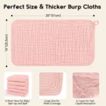 Twelve soft pink Unnivoll muslin burp cloths for baby, large and absorbent.