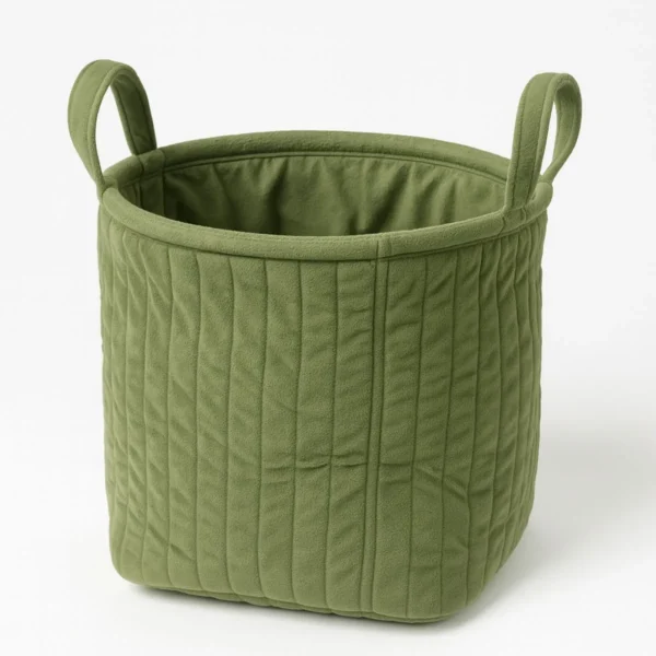 Elegant green velvet storage bin with handles, perfect for home organization. Shop local in Toronto!
