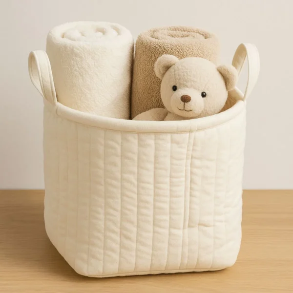 Off-white velvet storage bin with handles, perfect for home organization. 13" wide x 14" tall.