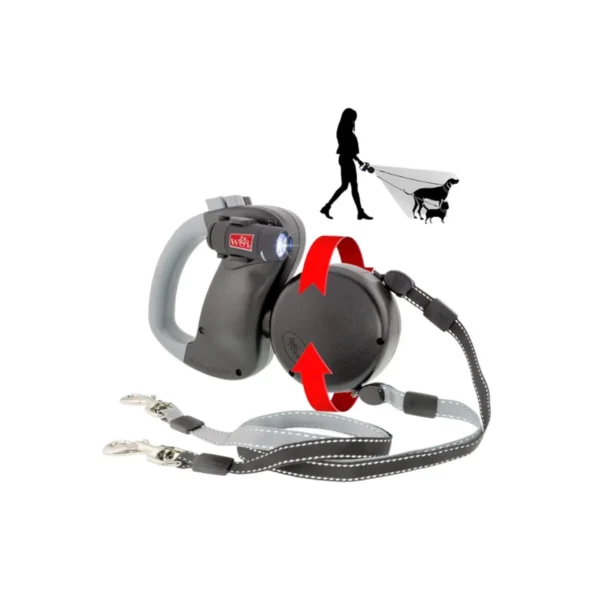 Brown WIGZI 2025 double dog retractable leash with LED light, 10ft leads, and independent braking system.