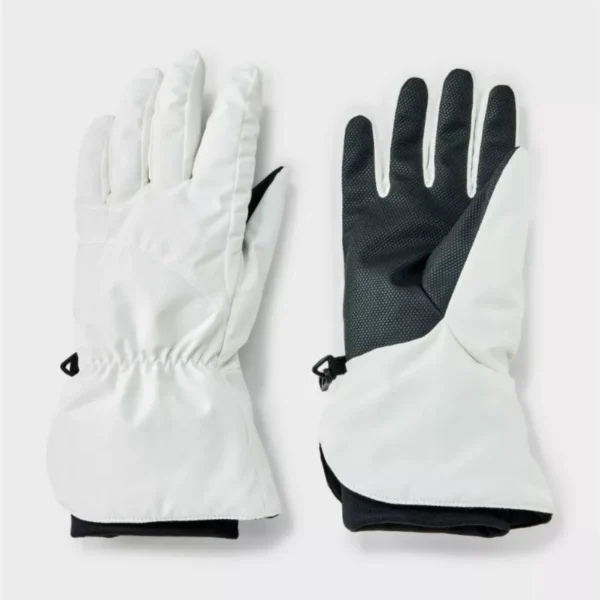 Off-white All in Motion waterproof ski mittens, size L/XL, with adjustable wrist strap and textured palm for superior grip.
