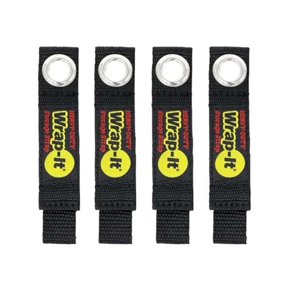 Four black Wrap-It heavy-duty 7-inch storage straps, perfect for organizing your home or workspace.