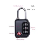 Black YUL TSA combination padlock for suitcases and luggage, simplified packaging.