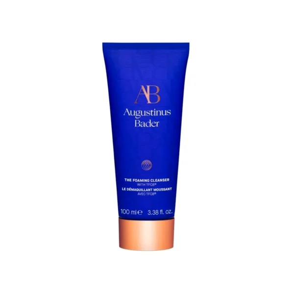 Augustinus Bader hair treatment bottle front view Texture swatch of Augustinus Bader hair treatment Applying Augustinus Bader hair treatment rinse-out Augustinus Bader hair treatment for smooth shine Back label of Augustinus Bader hair treatment