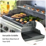 Genesis griddle replacement installed on Genesis grill Close-up of Genesis griddle replacement surface Genesis griddle replacement cooking area and fit Easy-clean design of Genesis griddle replacement Pancakes sizzling on Genesis griddle replacement plate