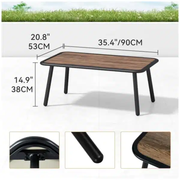 C-Hopetree outdoor coffee table on a modern patio Close-up of C-Hopetree outdoor coffee table slatted top C-Hopetree outdoor coffee table with weather-resistant frame Top view of C-Hopetree outdoor coffee table styled with decor C-Hopetree outdoor coffee table rectangle silhouette and size