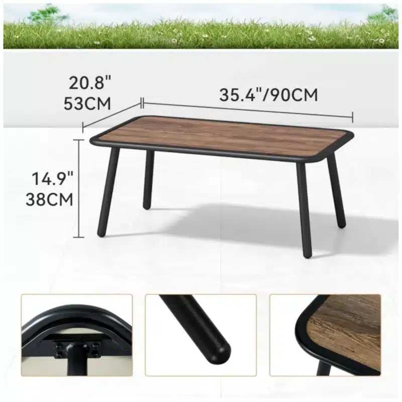 C-Hopetree outdoor coffee table on a modern patio Close-up of C-Hopetree outdoor coffee table slatted top C-Hopetree outdoor coffee table with weather-resistant frame Top view of C-Hopetree outdoor coffee table styled with decor C-Hopetree outdoor coffee table rectangle silhouette and size